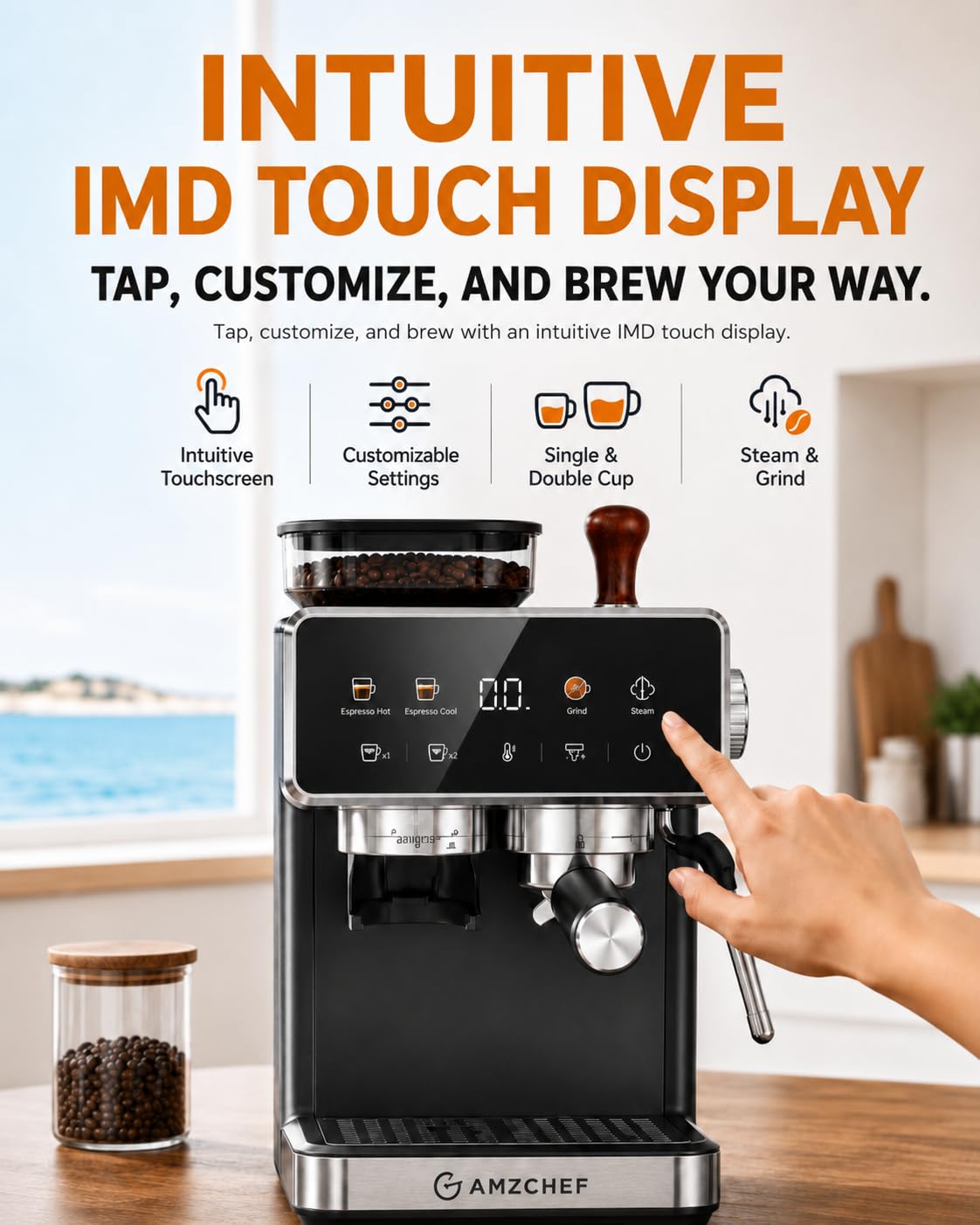 Espresso Machine with Grinder, 20 Bar, Latte & Cappuccino, Black