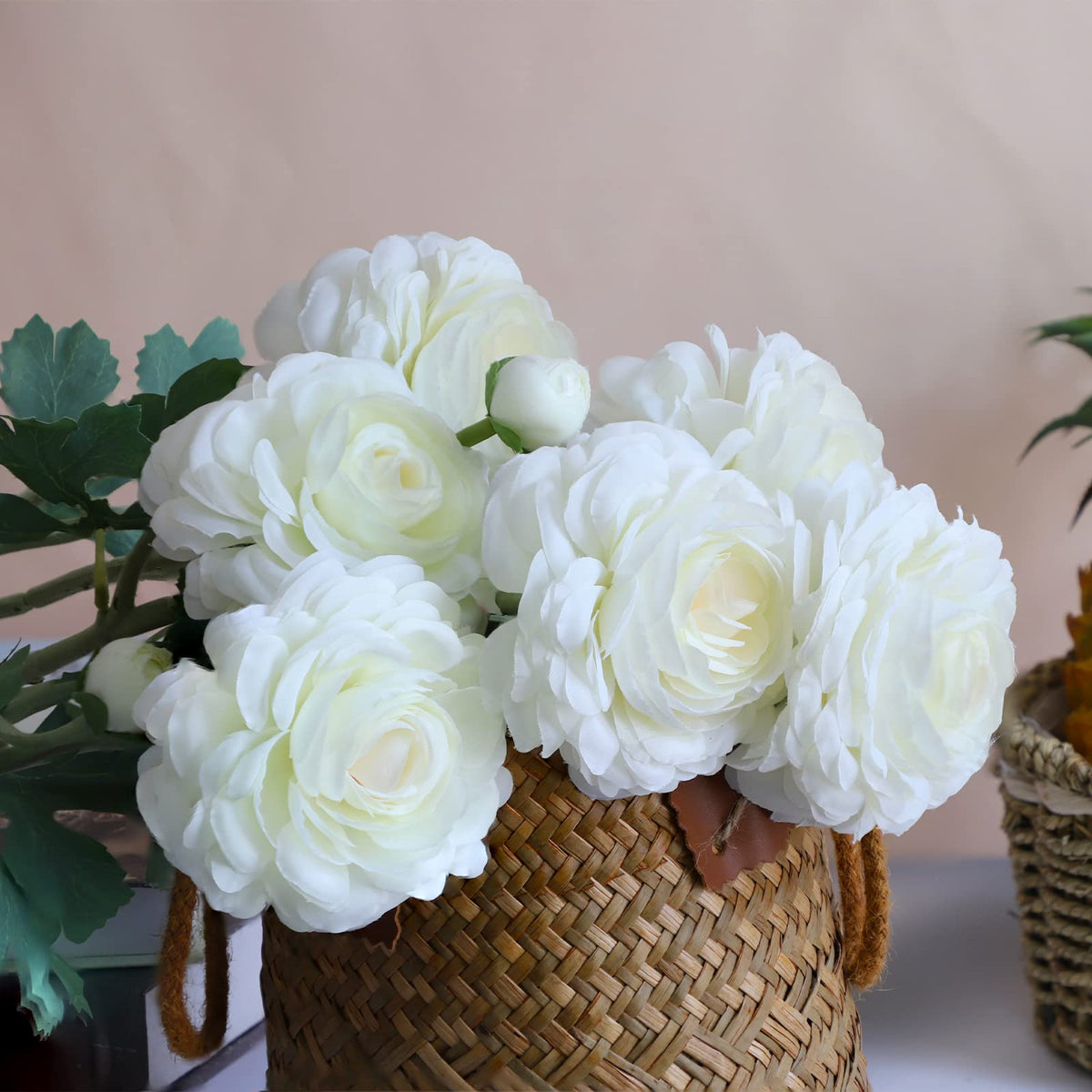 Artificial Ranunculus Long Stem Buttercup Silk Flowers 6pcs Decor and Wedding Decorations(White 1)