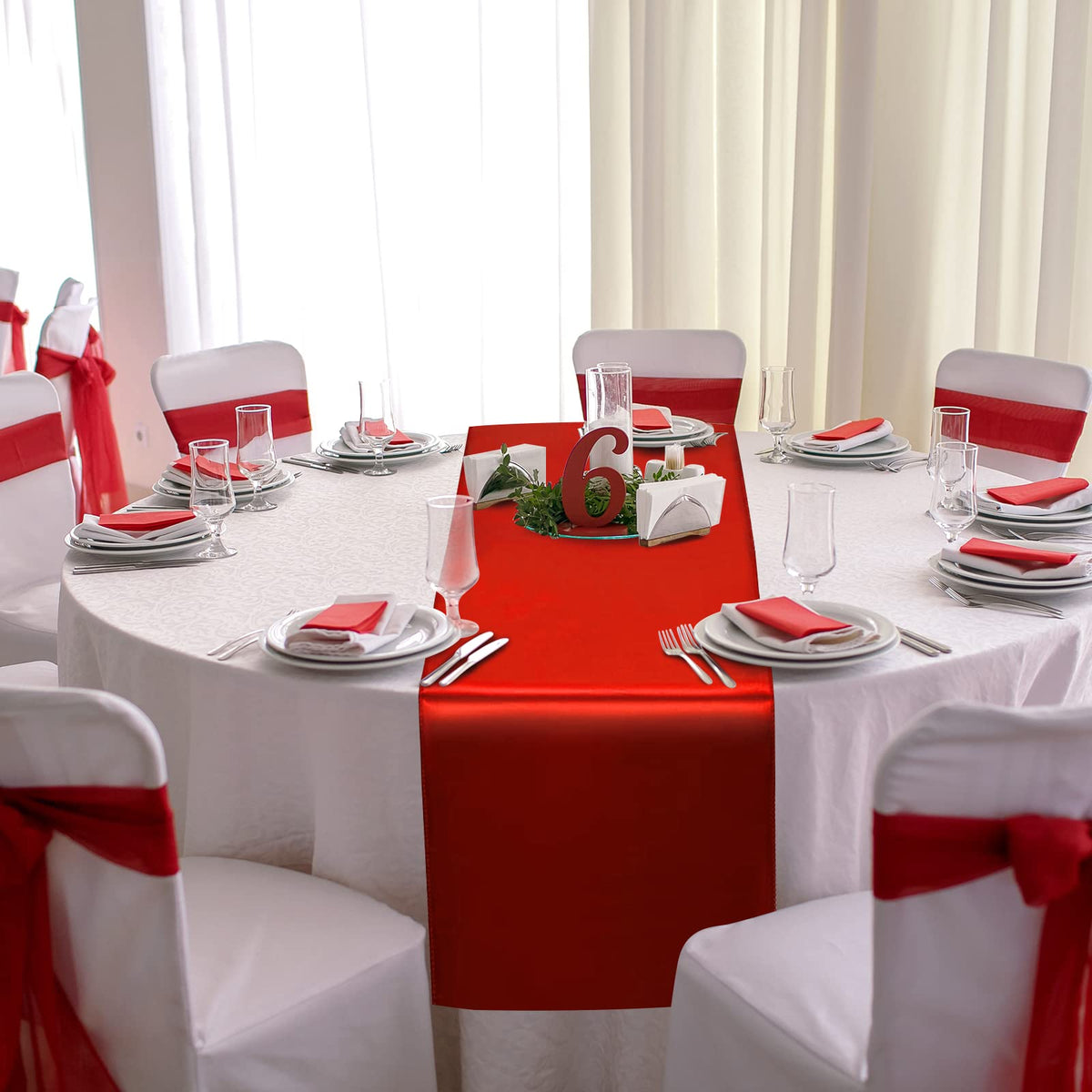 12 Pack 12x108 Inch Satin Table Runner and 84 Inch Round Plastic Tablecloths Set Red and White Disposable Round Table