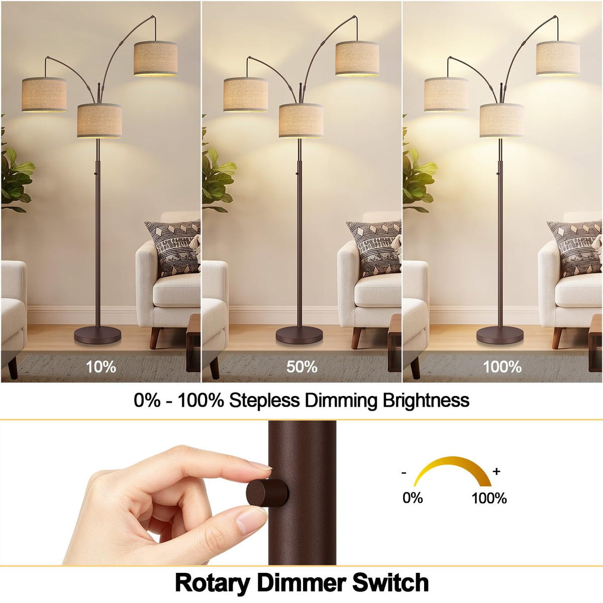 Dimmable Floor Lamp - 3 Lights Gold Arc Floor Lamps, 1000LM Modern Tall Standing Lamp with Black Shades&Heavy Base,3
