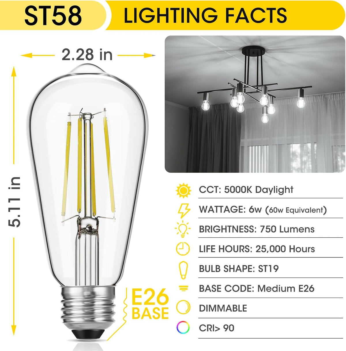 ST19 Vintage LED Edison Bulbs, 60W Eq, Dimmable, Daylight 5000K, 4-Pack