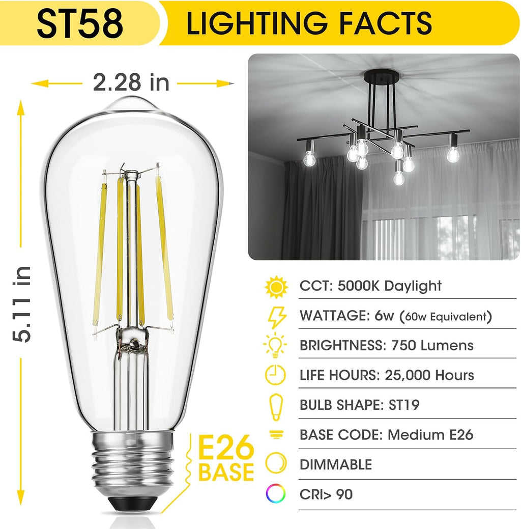 ST19 Vintage LED Edison Bulbs, 60W Eq, Dimmable, Daylight 5000K, 6-Pack