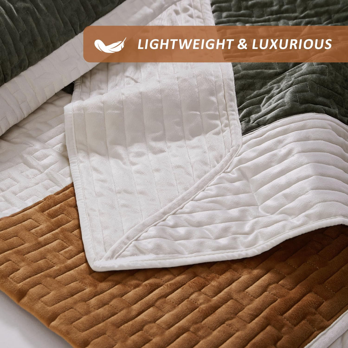 Velvet Quilt Set, Luxury Patchwork Design, Green Caramel