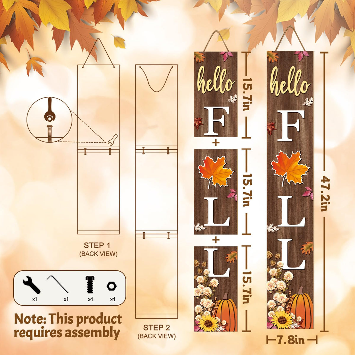 Hello Fall Porch Sign, Maple Sign for Front Porch, Dahlia Sunflower Wooden Sign Yard, Vertical Wood Sign Standing