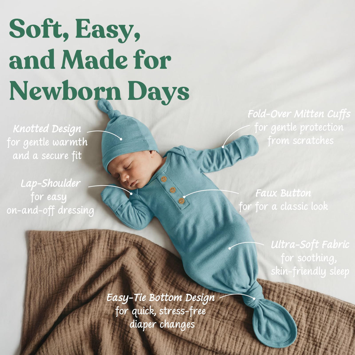 Newborn Knotted Sleep Gown with Hat, Soft Baby Nightgown with Mitten Cuffs, Hospital & Coming Home Outfit for Boys