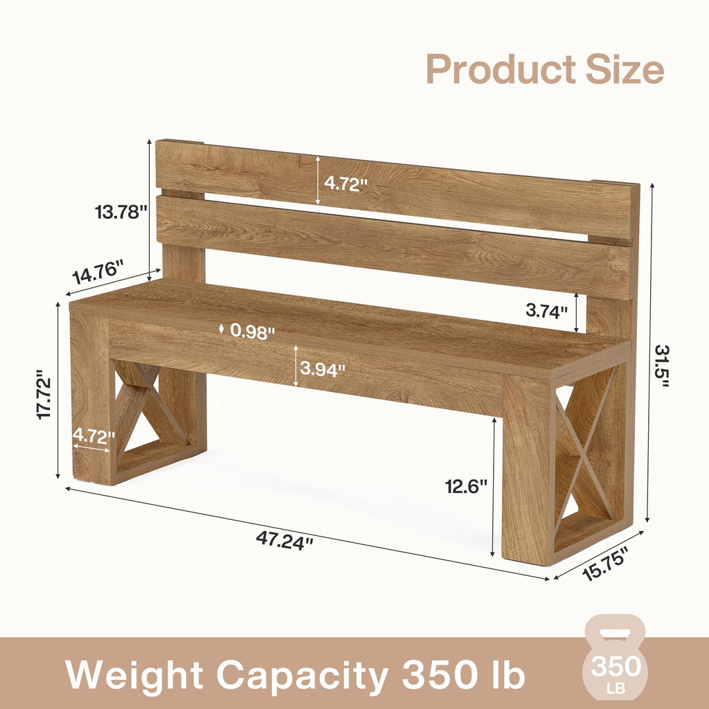 47" Entryway Bench with Backrest, Farmhouse Indoor Shoe Bench