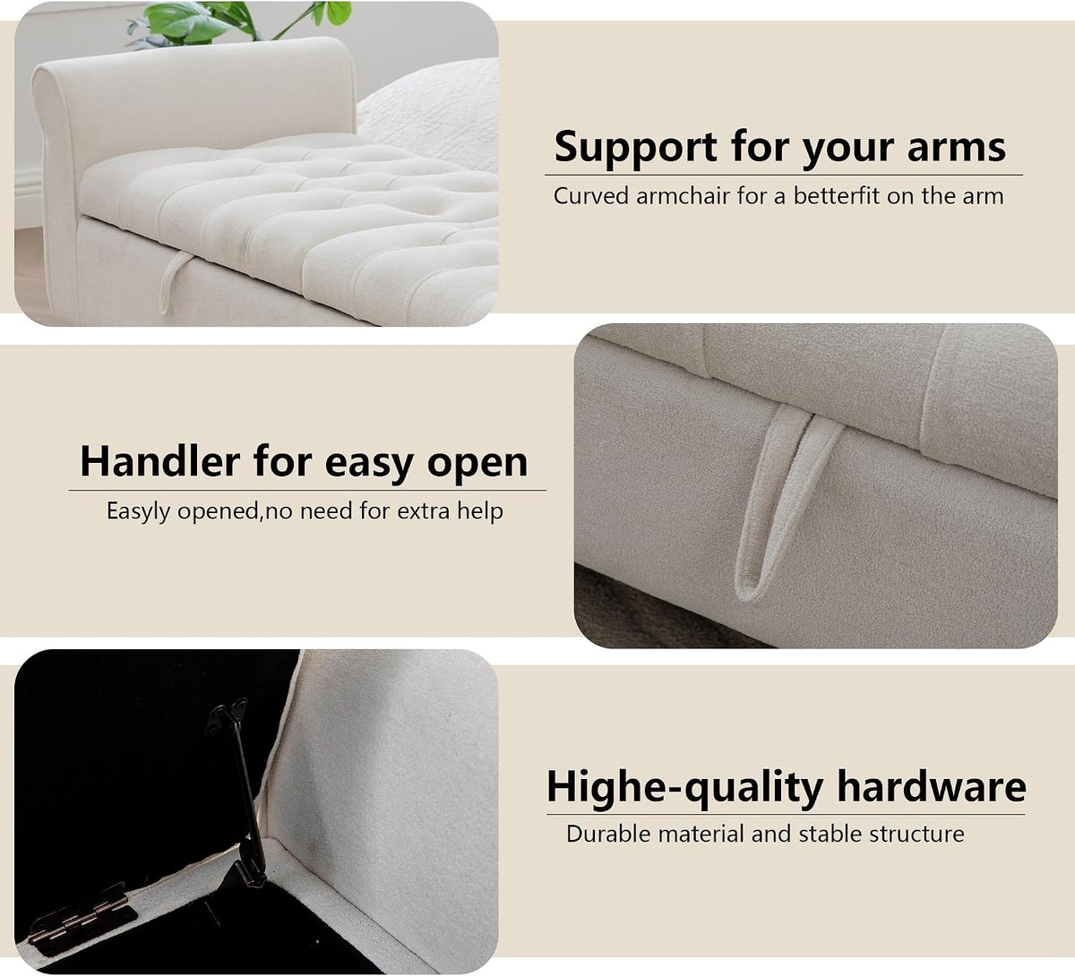 66" End of Bed Storage Bench King Beige,Napped Fabric Window Bench with Dual-Opening Compartments,Long Tufted Storage