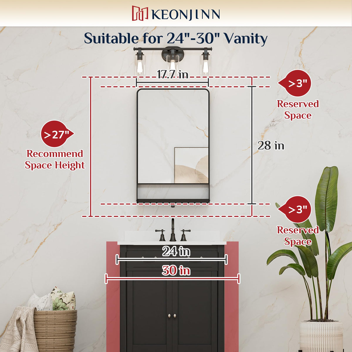 18 x 28 Inch Black Bathroom Mirror with Shelf, Rust-Resistant