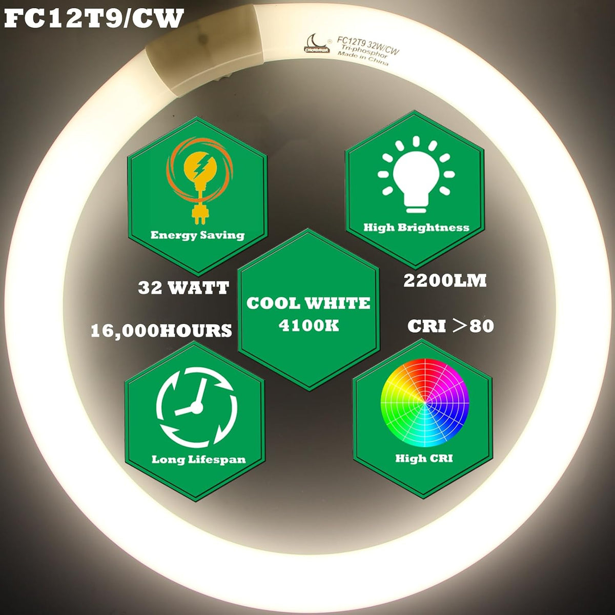 32W Cool White Round Fluorescent Light Bulb, 12 Inch T9 32 Watts Circular Bulbs, 12'' FCL 32 Circline Bulb