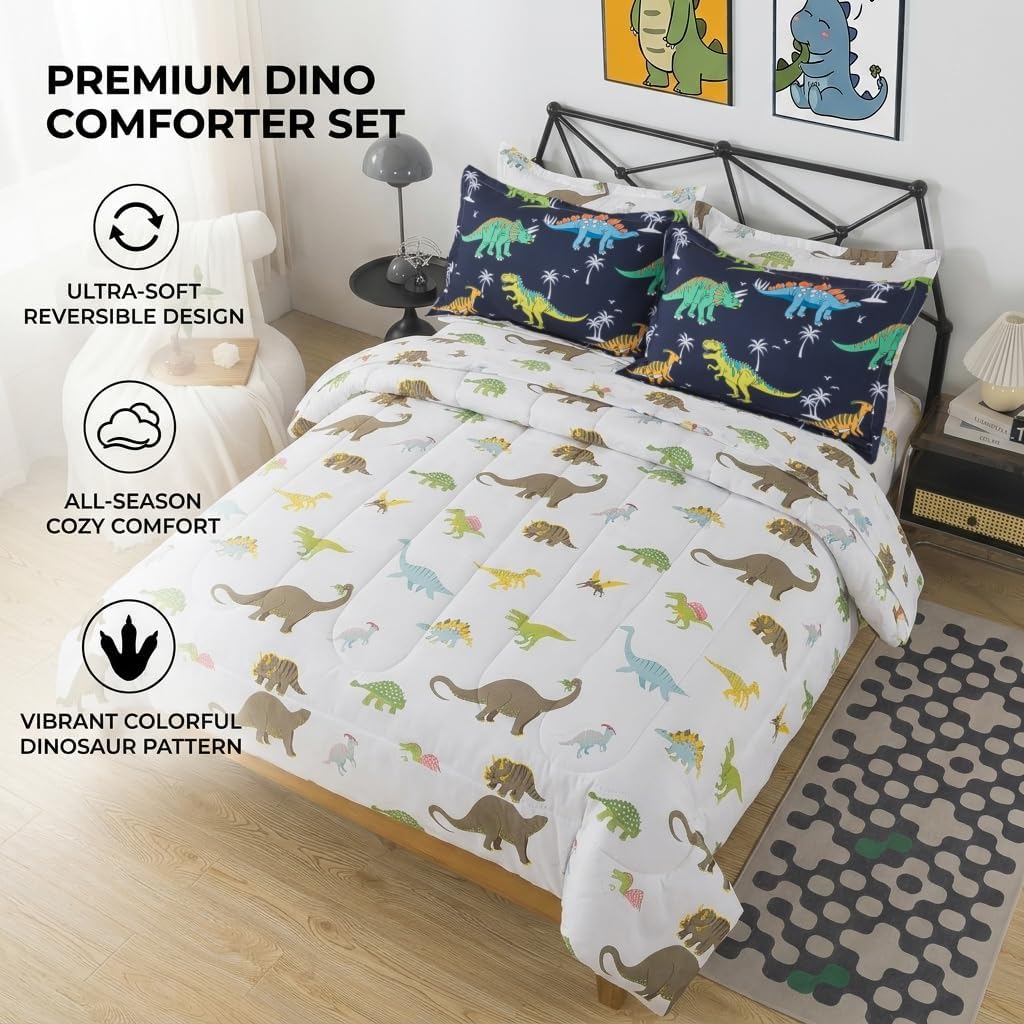 7 Pieces Dinosaur Comforter Kids Jungle Dinosaur Bedding Set Bed in A Bag for Boys T-Rex Dino Comforter and