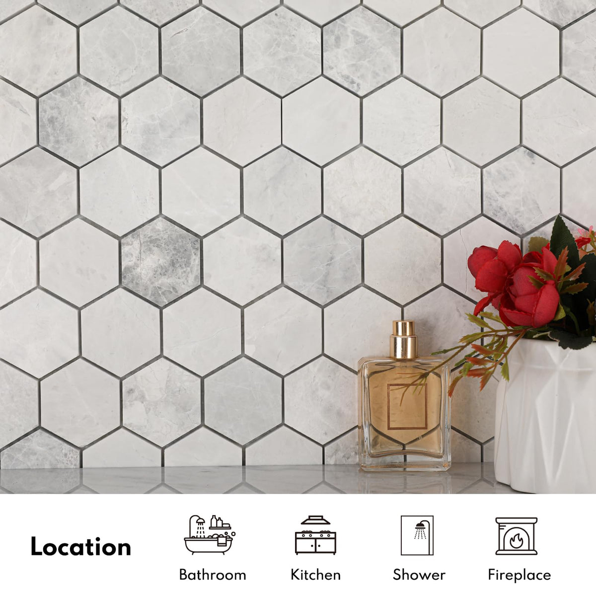 Andes Grey Marble Stone 2 Inch Hexagon White Marble Mosaic Tile Wall Bathroom Shower Floor (5 Sheet, Honed)