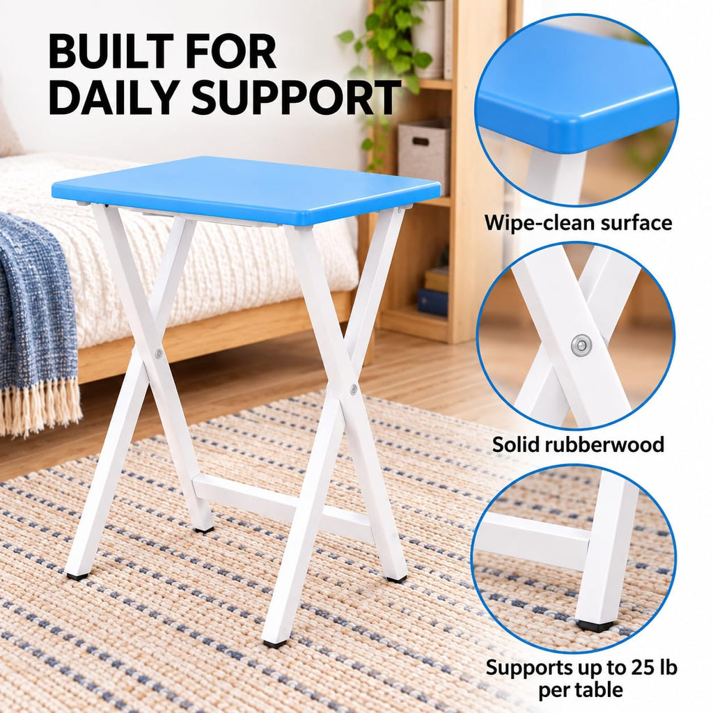 Set of 2 Seaside Blue Solid Rubberwood Folding TV Tray Tables