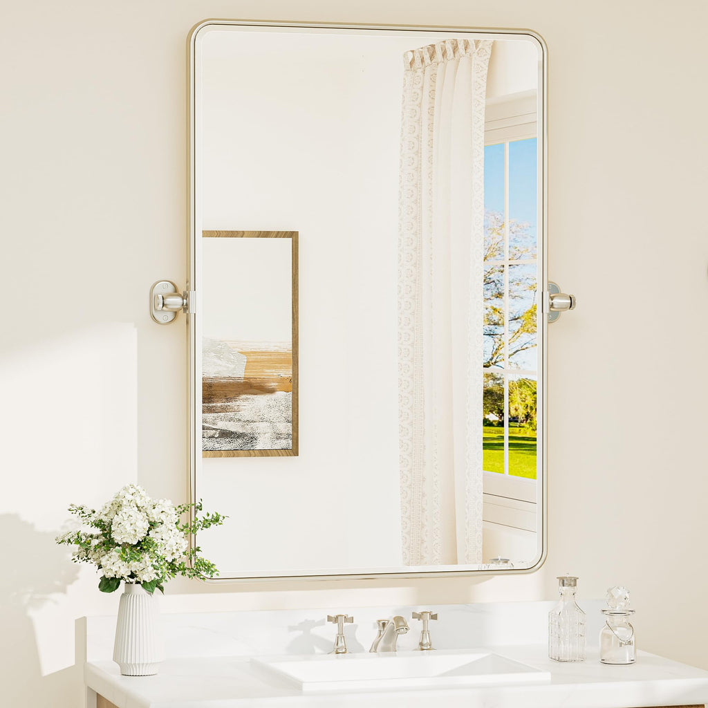 Brushed Nickel Pivot Rectangle Bathroom Vanity Mirror 24 x 36 Tilt Beveled Mirror, Pivoting Metal Framed Tempered