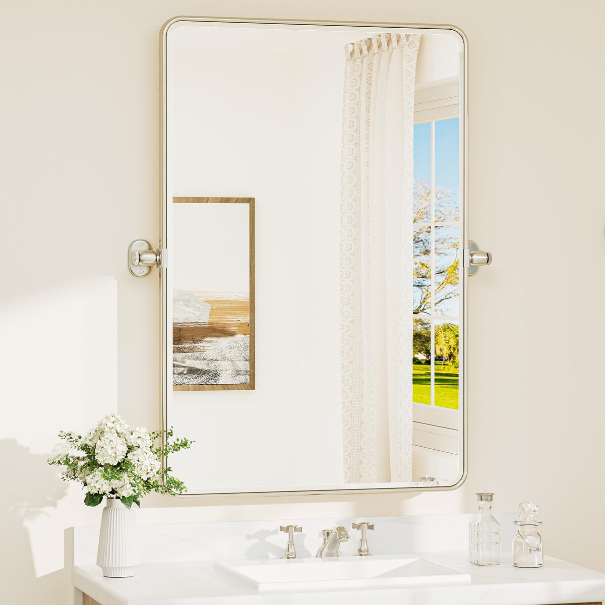 Brushed Nickel Pivot Rectangle Bathroom Vanity Mirror 24 x 36 Tilt Beveled Mirror, Pivoting Metal Framed Tempered