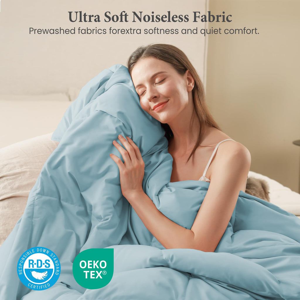 Down Comforter - All Season Ultra Soft Goose Down & Feather Fiber Fill, Luxury Hotel Blue Duvet Insert with