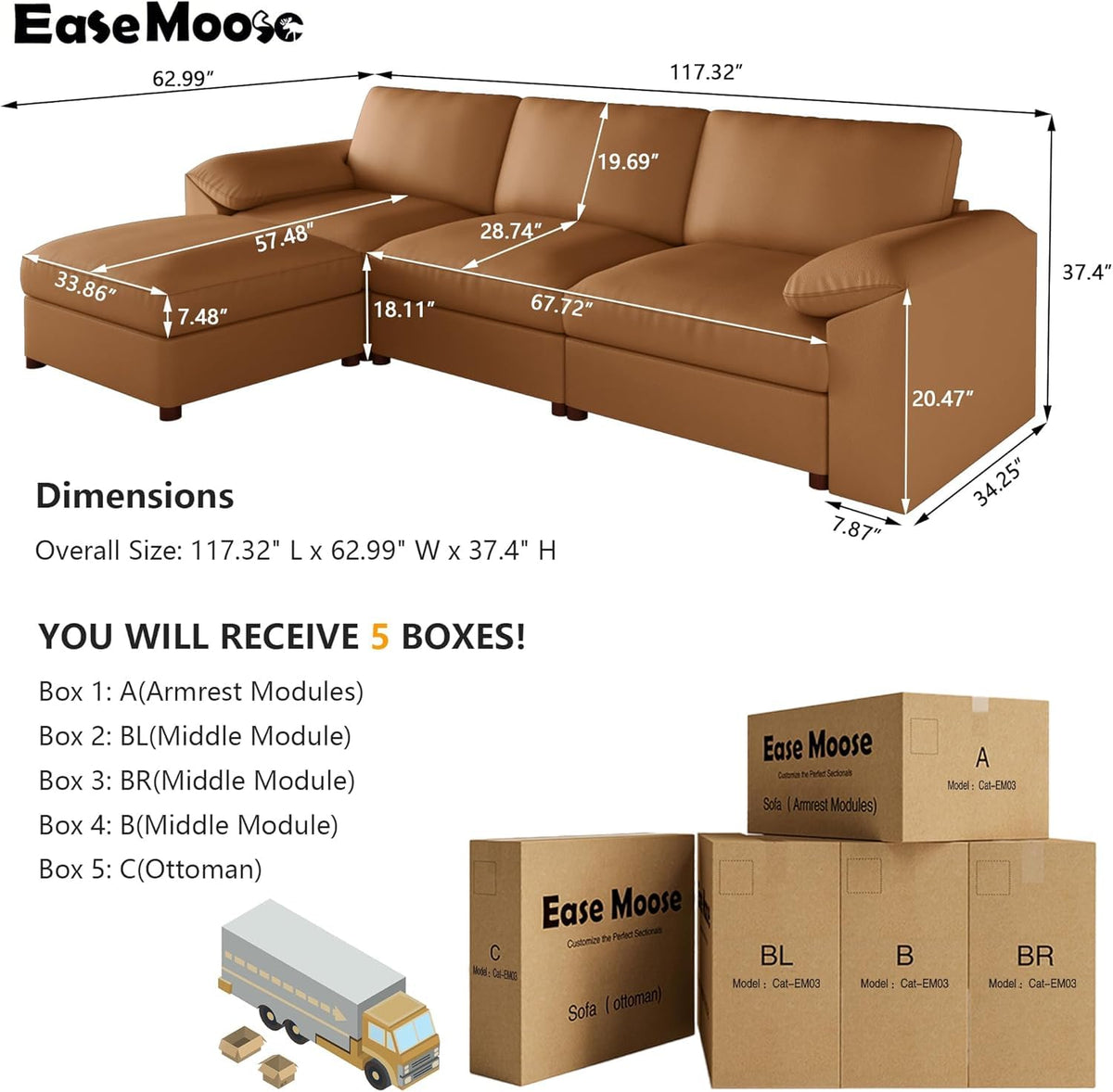 Leather Sectional Couch, L Shaped Modular Sectional Sofa, Brown