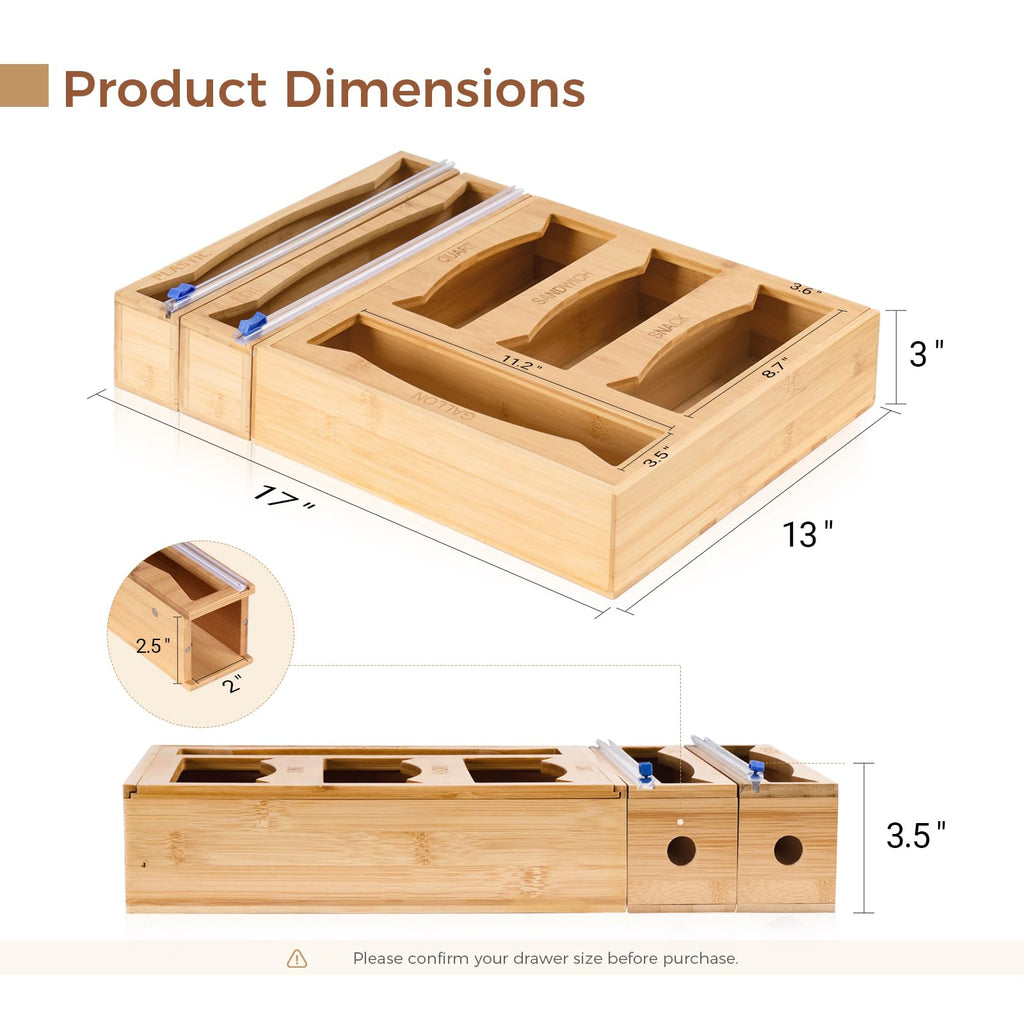 6-in-1 Bamboo Kitchen Drawer Organizer for Storage Bag, Foil & Plastic Wrap