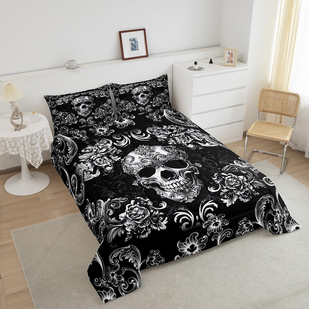 Gothic Skull Bed Comforter Set Queen Size, Halloween Flower Skeleton Super Soft Microfiber Bedding Set for Adults