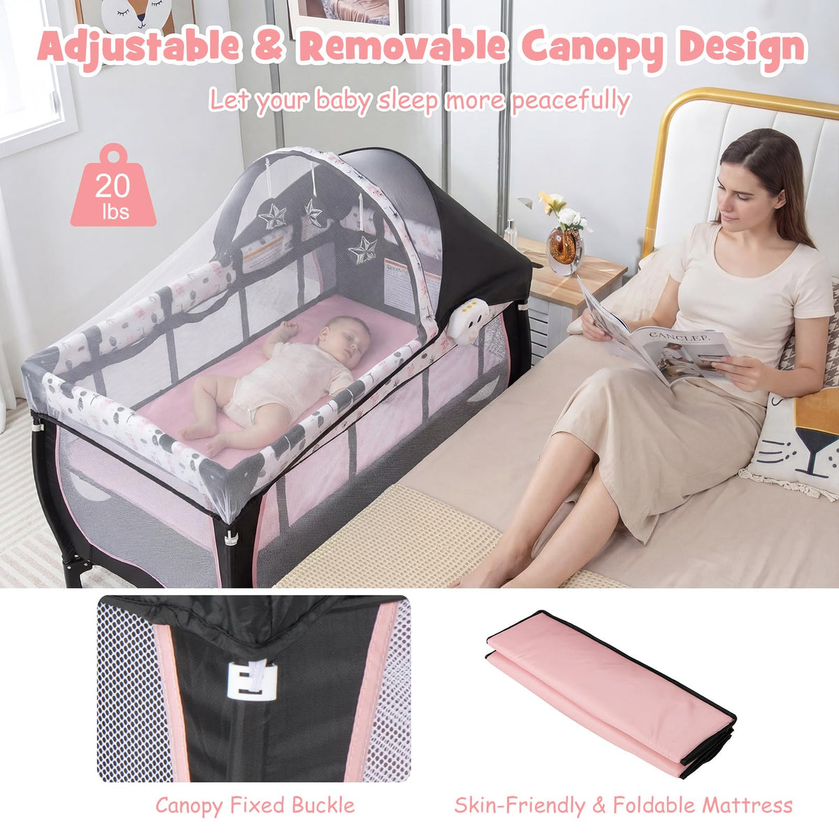 4 in 1 Play Yard, Portable Baby Playard with Bassinet, Adjustable Canopy, Changing Table, Lockable Wheels