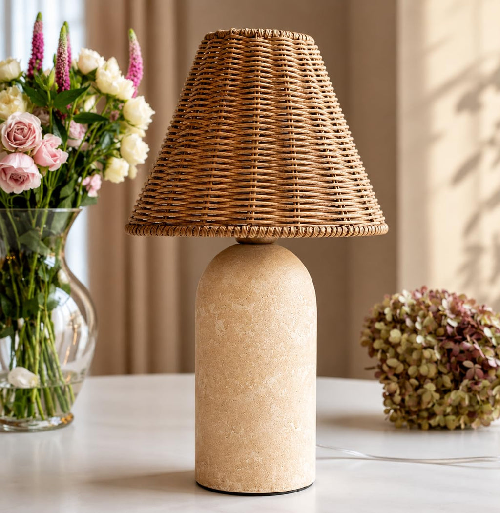 14" Small Mini Wicker Table Lamp - Handmade Ceramic Base with Rattan Shade, Dimmable Nightstand or Accent Light for
