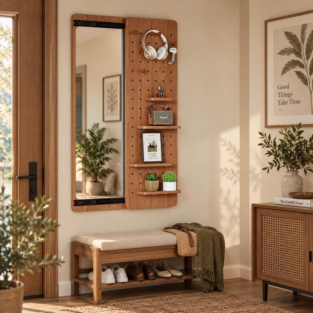 Wall Mounted Full Length Mirror with Storage Shelf and Hooks