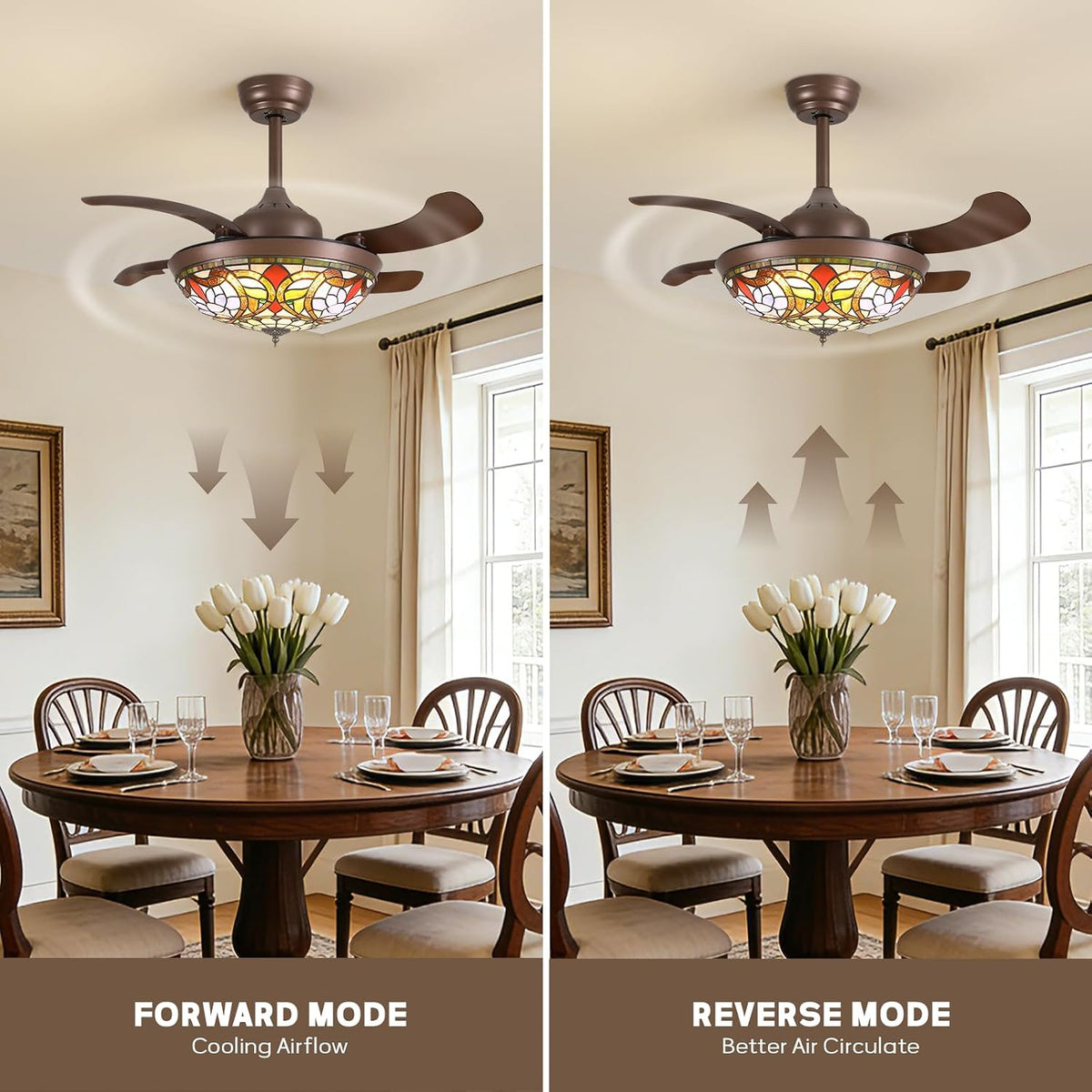 36 inch Tiffany Stained Glass Ceiling Fan,Retro Chandelier Fan with Glass Shade, Farmhouse Invisible Retractable