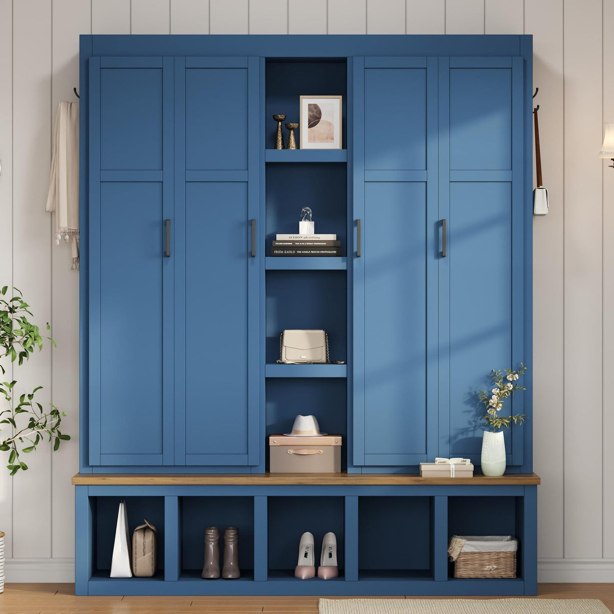 4-in-1 Hall Tree with Bench and Shoe Storage, Multi-Functional Farmhouse Entryway Bench with Coat Rack, Open