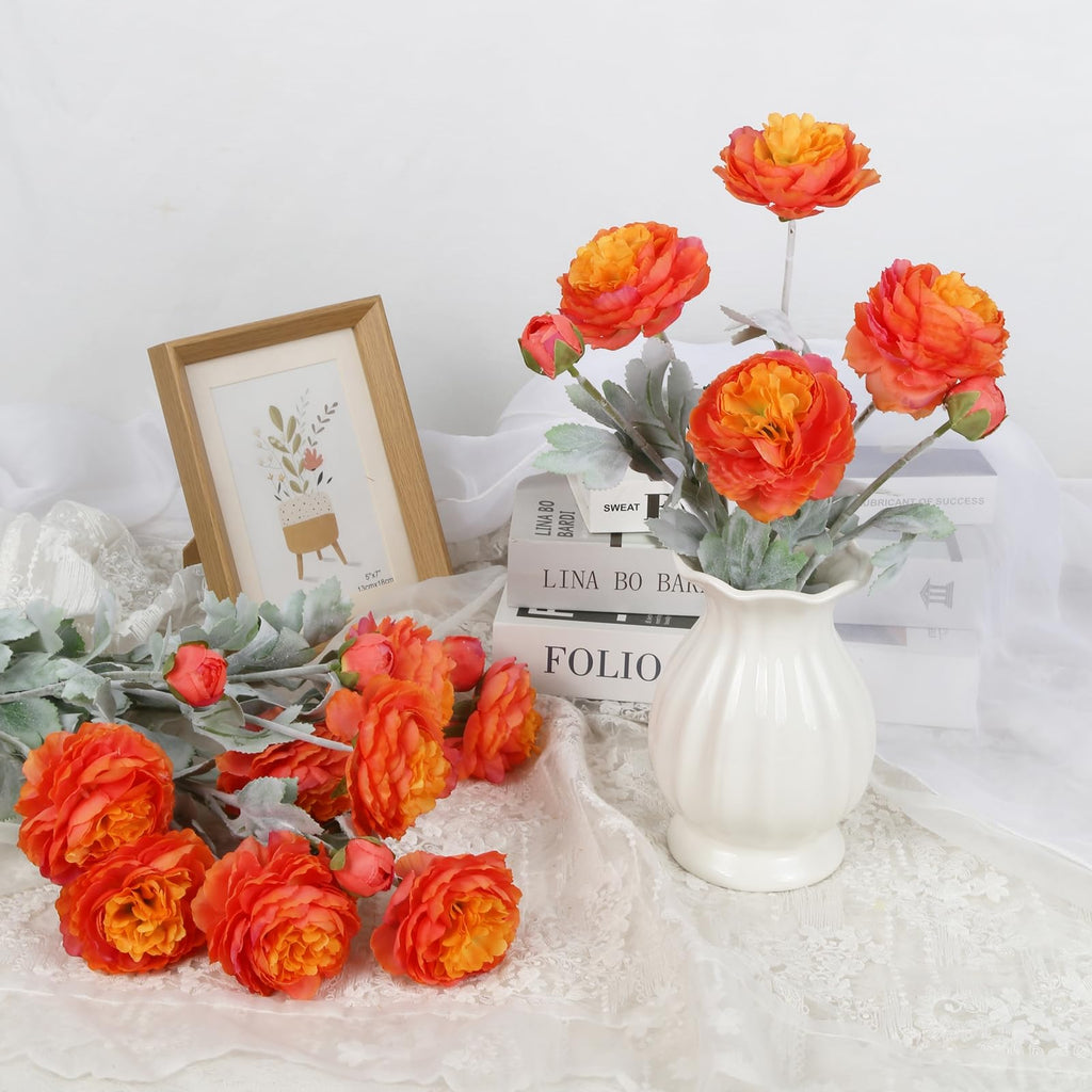 Orange Peonies 6PCS Artificial Ranunculus Silk Real Touch 18Heads