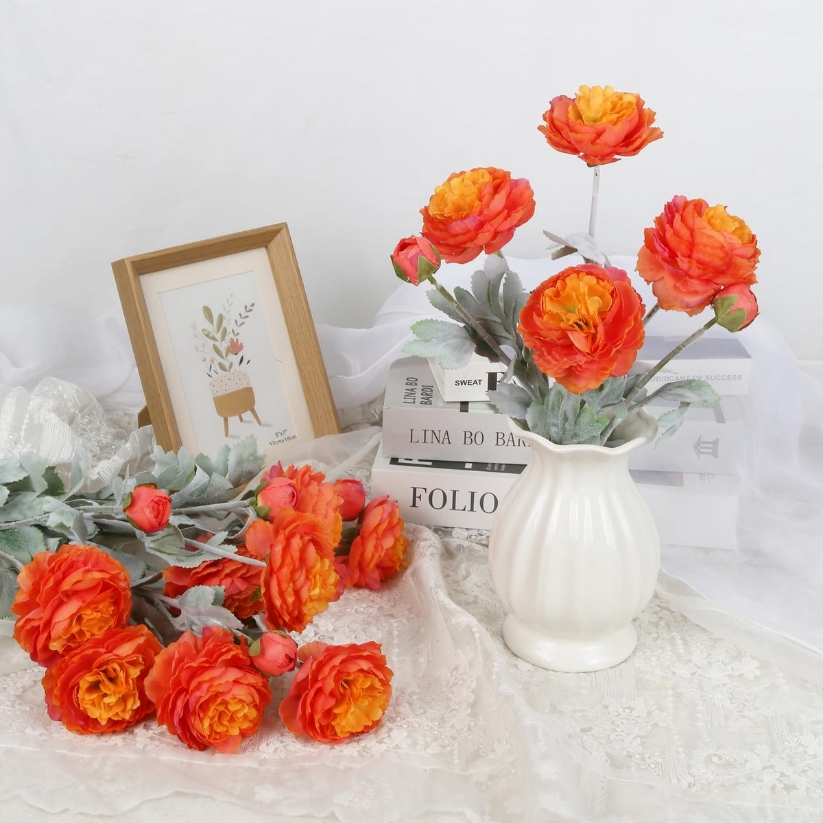 Orange Peonies 6PCS Artificial Ranunculus Silk Real Touch 18Heads