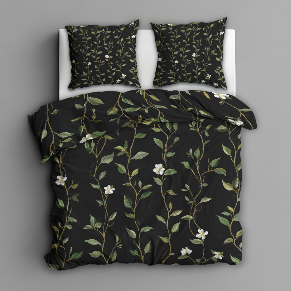 Botanical Duvet Cover, Tree Stripe Floral Black Green Reversible Design Bedding Set 2 Piece, Botanical