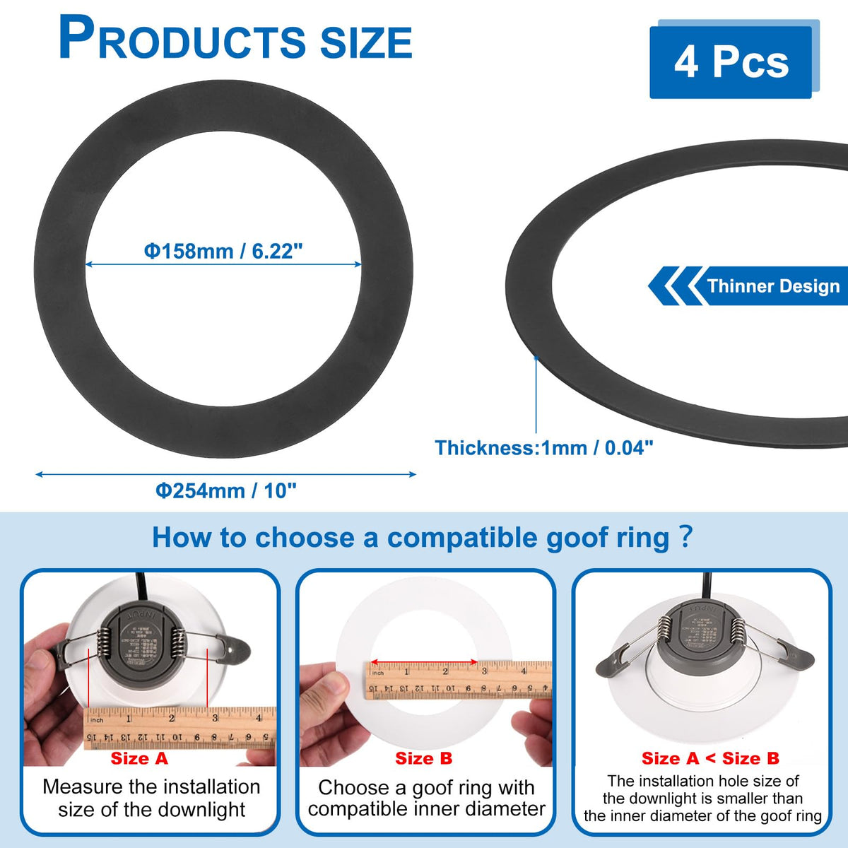 4 Packs Home Lighting Ceiling Medallions 6.22" ID and 10" OD, Metal Flat Round Goof Plate Cover Ring Decorative Trim