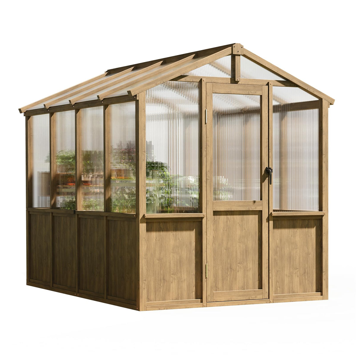 6x8 FT Wooden Greenhouse for Outdoors, 6MM Thick Polycarbonate Panel, Walk-in Green House Kit with Adjustable Roof