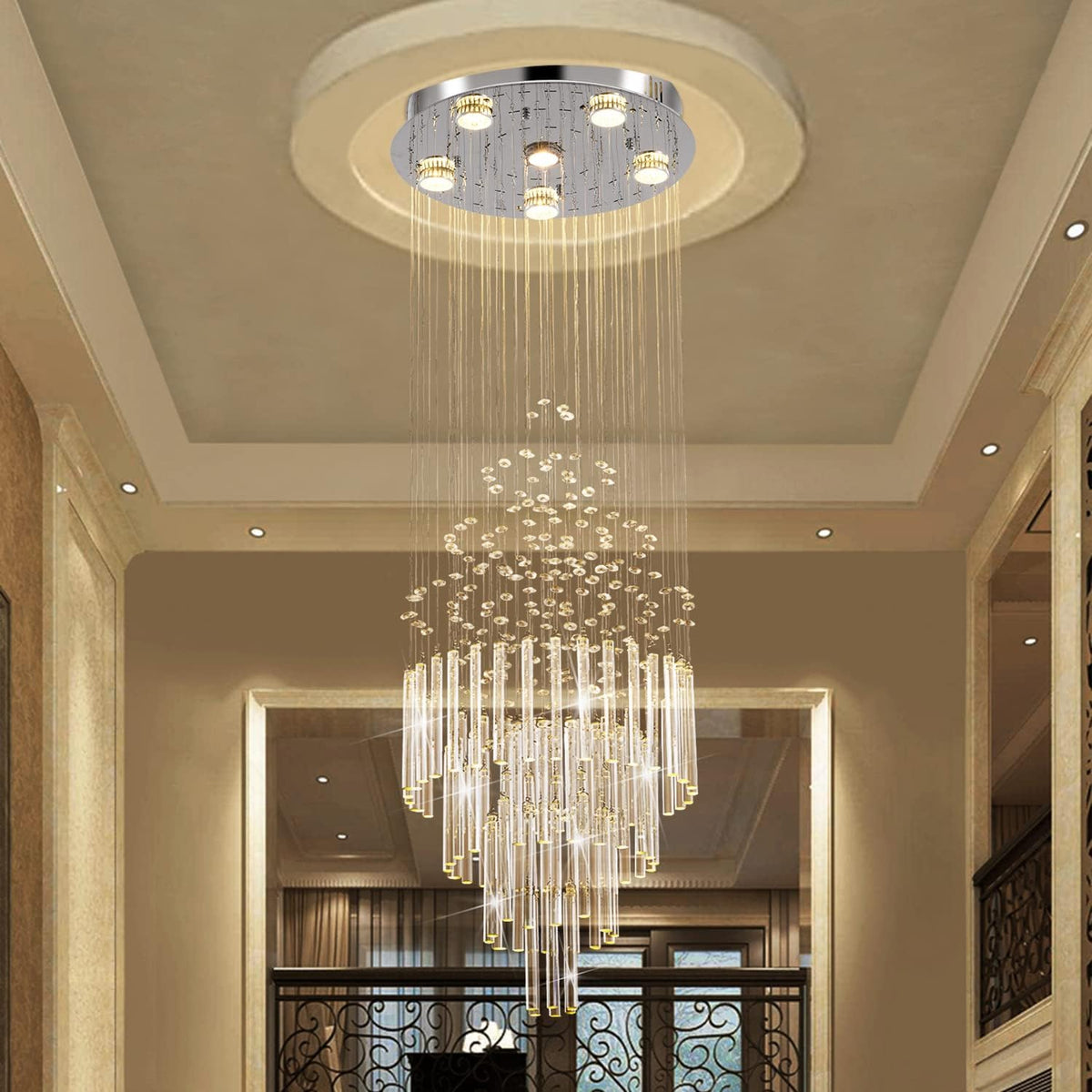6-Light Flush Mount Modern Crystal Chandelier for High-Ceiling Rooms