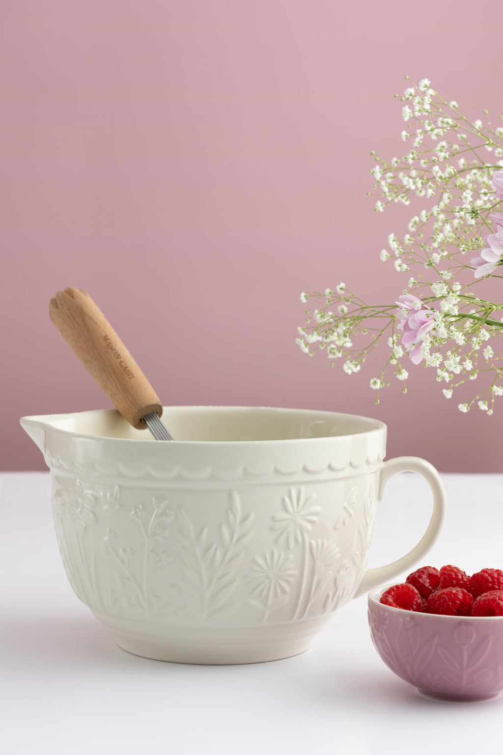 In the Meadow Batter Bowl, 2 Quart Ceramic Batter Mixing Bowl with Handle & Pour Spout, Embossed Floral Design