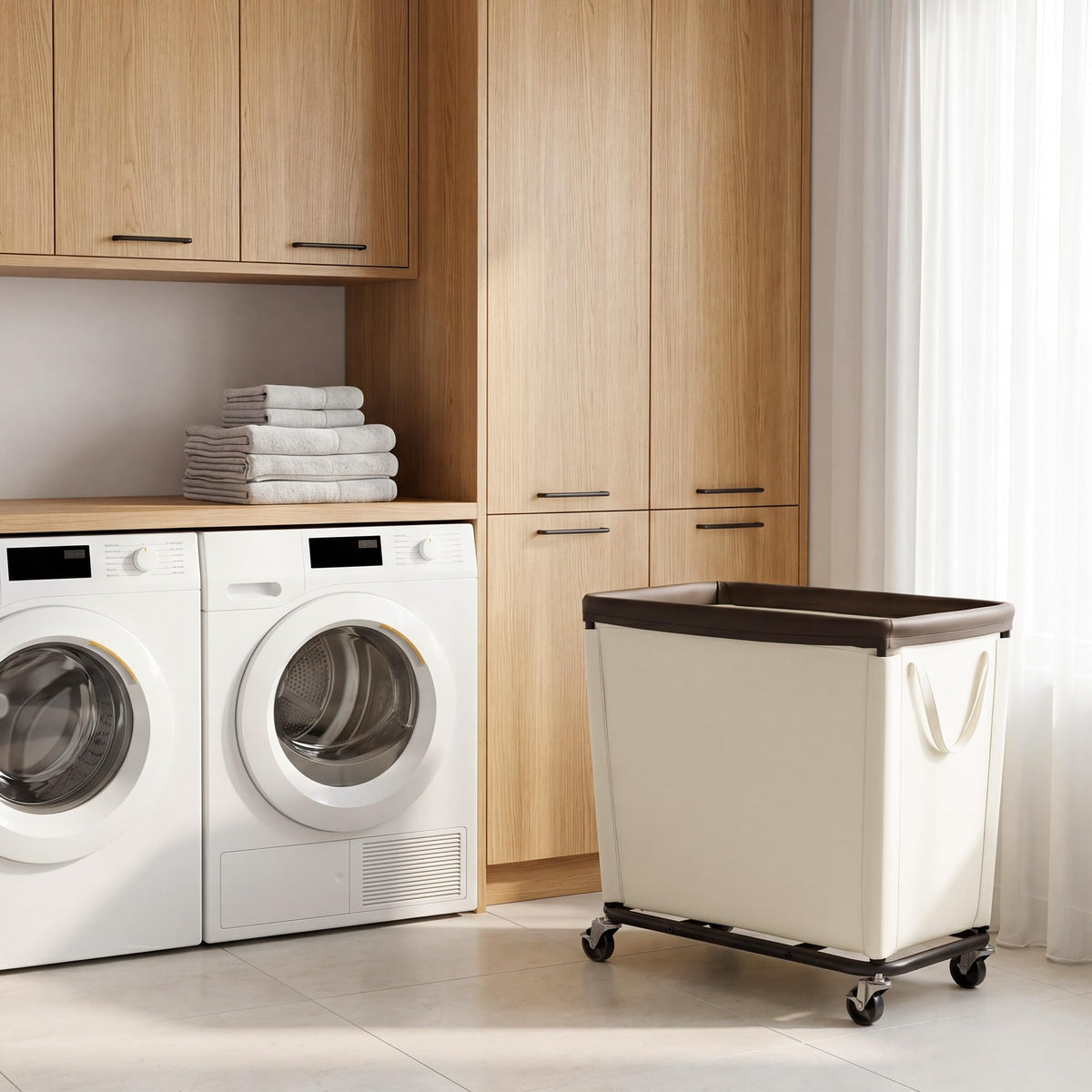 Hamper with Wheels, 310L Large Beige Basket Cart