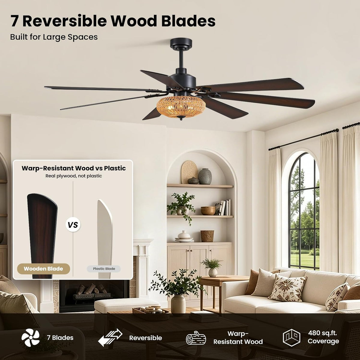 72" Matte Black Ceiling Fan with Light & Remote
