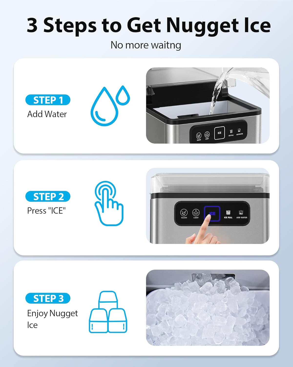 Nugget Ice Maker 40Lbs/24H, Countertop Soft Chewable Ice Pebble Ice Machine, One-Click Operation, Auto Self-Cleaning