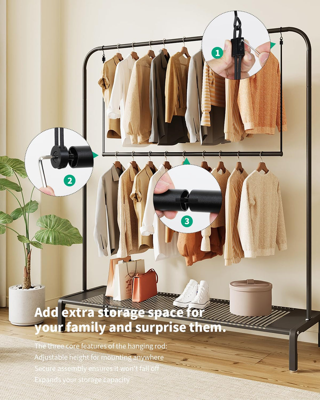 Adjustable Closet Hanging Rod 40" Black Closet Rod Extender