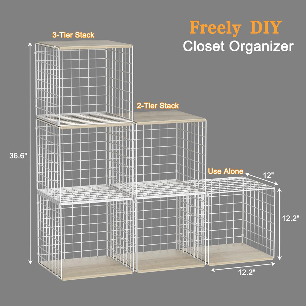 3PCS Stackable Closet Organizers and Storage, Closet Shelves with Wood Top Extra Storage, Clothes Storage Organizer