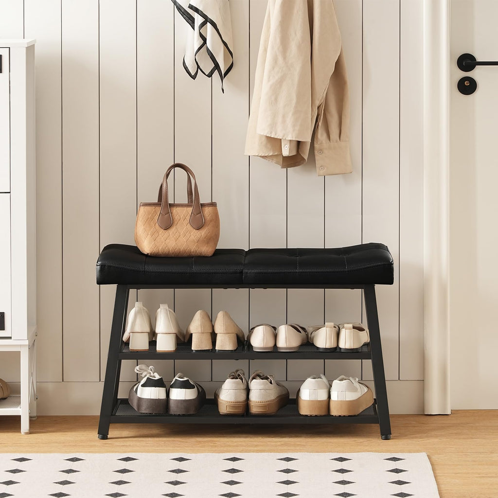 Shoe Bench, 3-Tier Shoe Rack, Entryway Bench with Storage and Cushion, Foyer, Bedroom, Black HX02BB