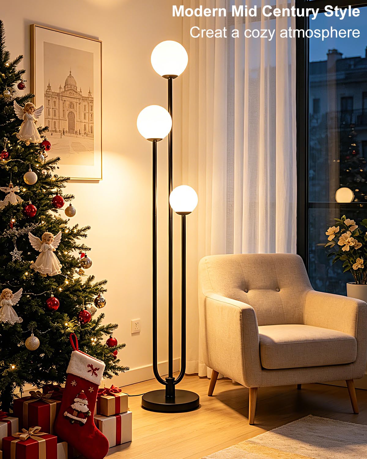 63IN Black Floor Lamp Dimmable with Mid Century Standing Lamps, 3000K Warm White Bulbs Included, Modern Globe Floor