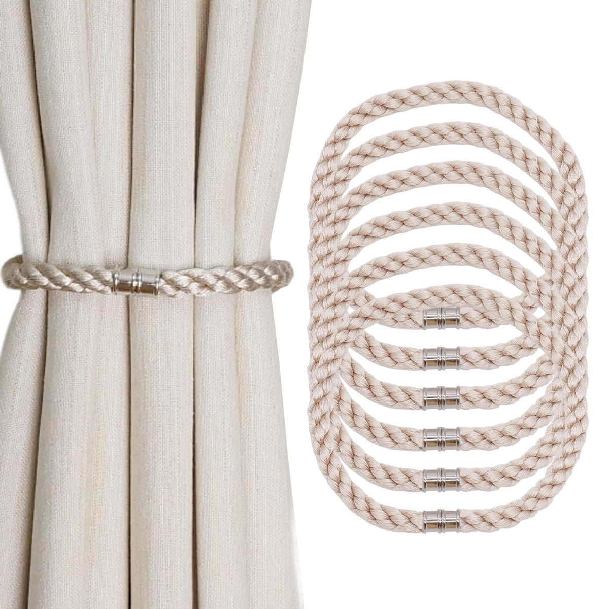 Magnetic Curtain Tiebacks, 6pcs Modern Handmade Rope Curtain Tie Backs Decorative Curtain Holdbacks Holders Cord