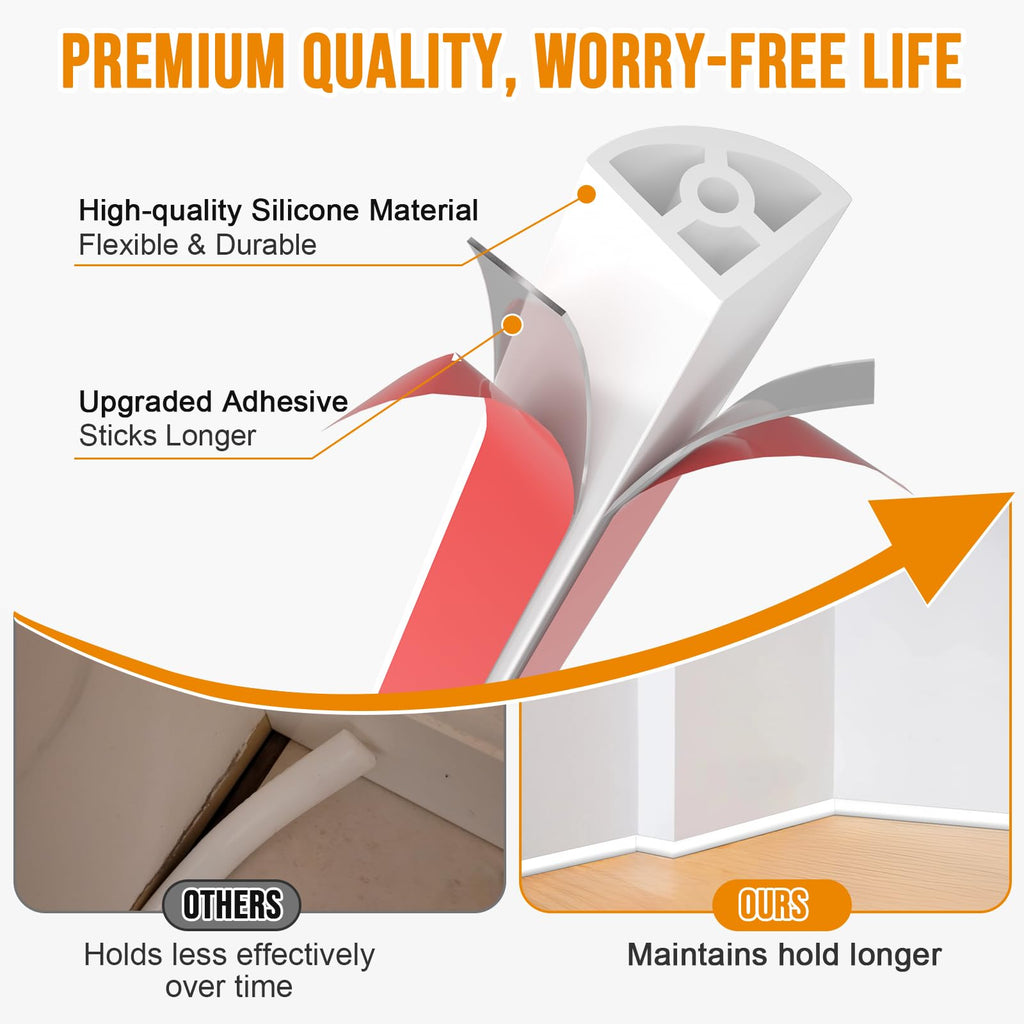 Flexible Quarter Round Molding Trim - 118in Waterproof Bendable Silicone Peel and Stick Molding Trim for Walls