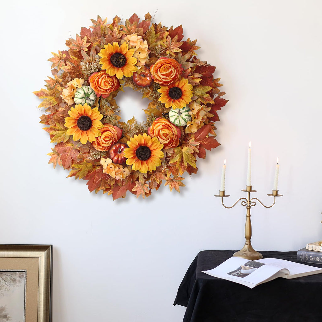 28" Large Artificial Maple Leaves Fall Wreath for Front Door(Orange-Yellow)