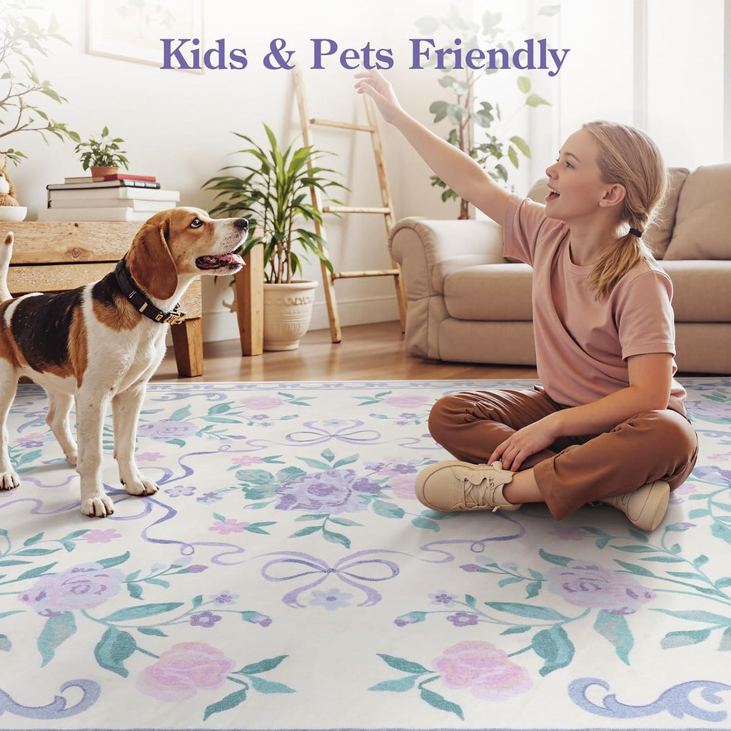 Purple Floral and Bow Washable Nursery Rug for Girls Bedroom