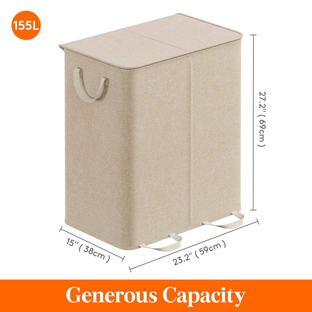 Double Laundry Hamper with Lid, Removable Laundry Bags, Beige