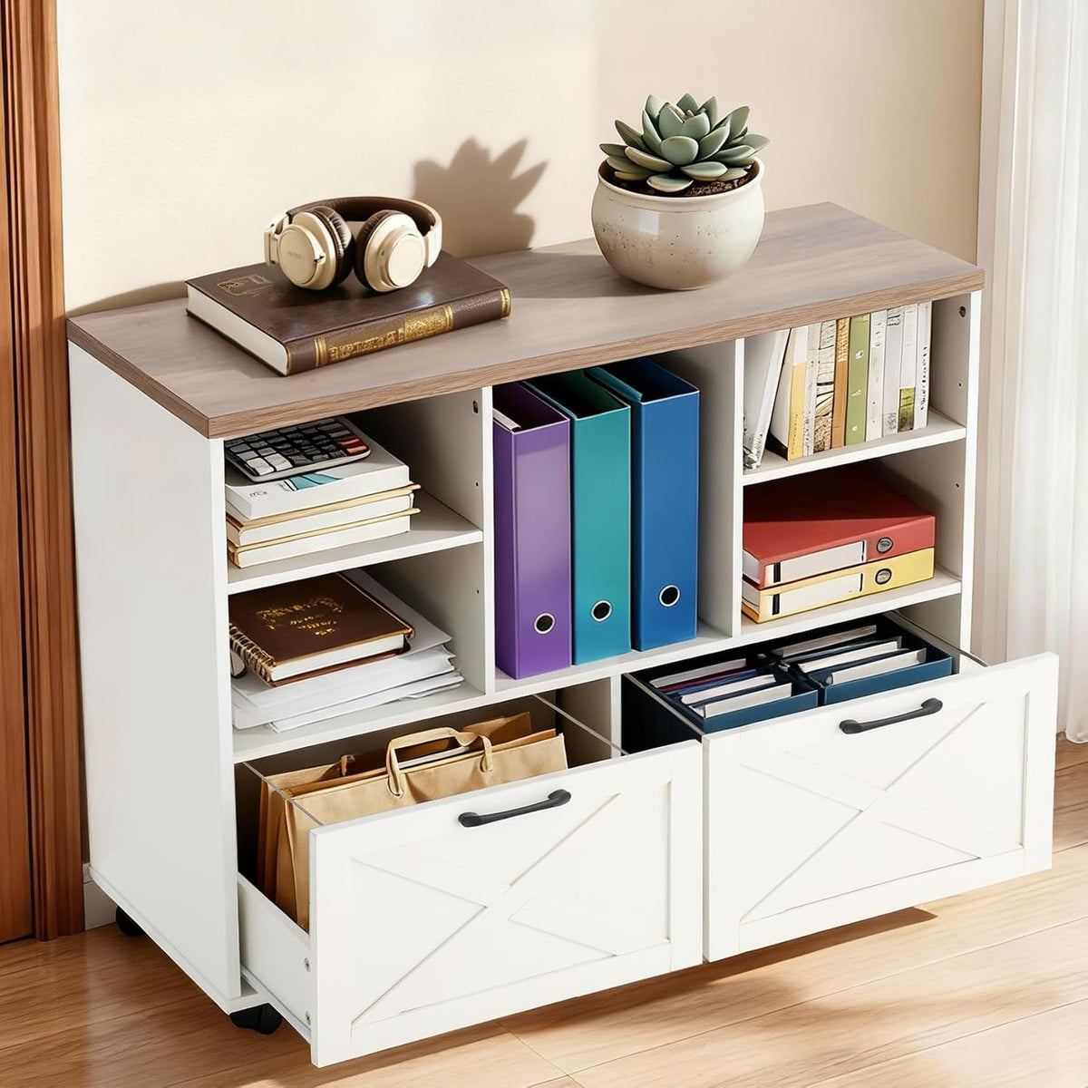 39.3" Lateral File Cabinet with Wheels, Farmhouse Wood File Cabinet with Drawers, Small Home Office File Cabinet with