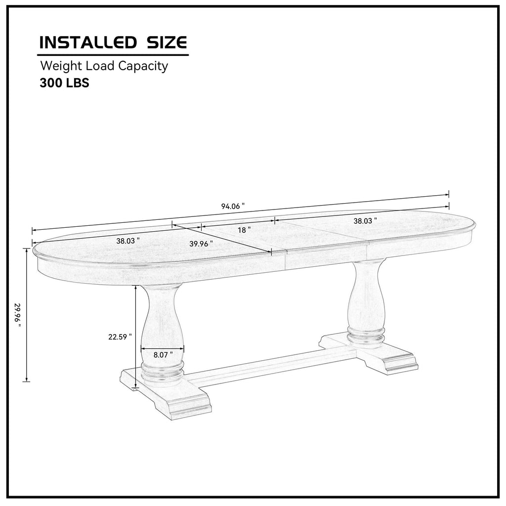 94.06" Extendable Dining Table Large Oval Kitchen Table for 6 8 10 Person, Solid Wood Mid Century Rustic Dining Room