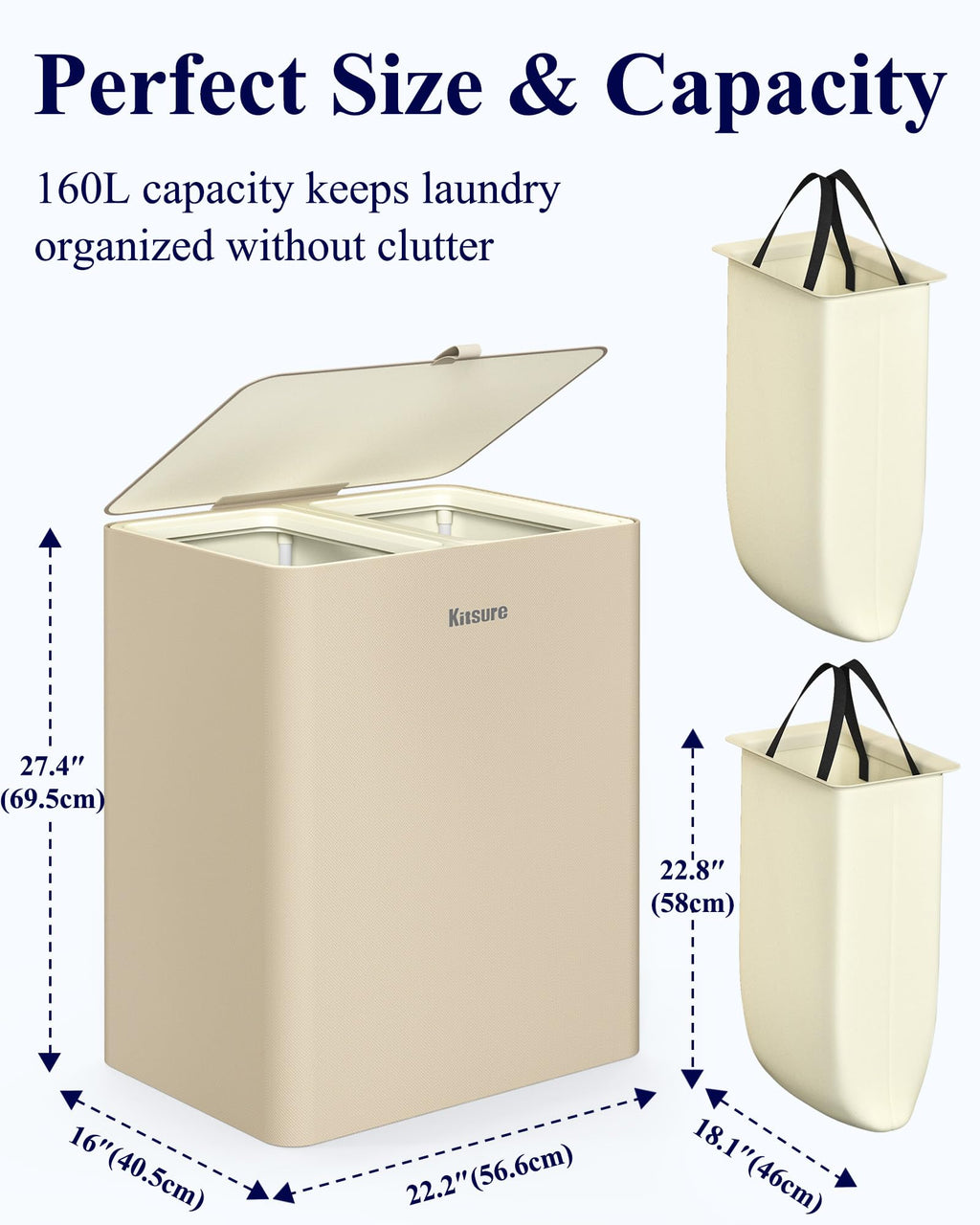 Laundry Hamper with Lid 160L, 2-Compartment Sorter, Removable Bags