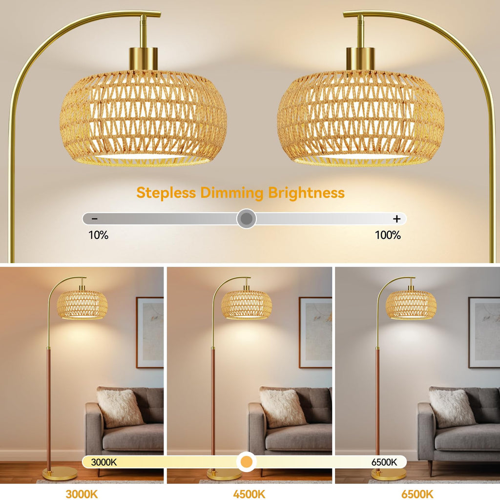 Wood Arc Floor Lamps, Boho Rattan Floor Lamp with Remote Control & 3 Color Temperatures, Dimmable Mid Century Modern